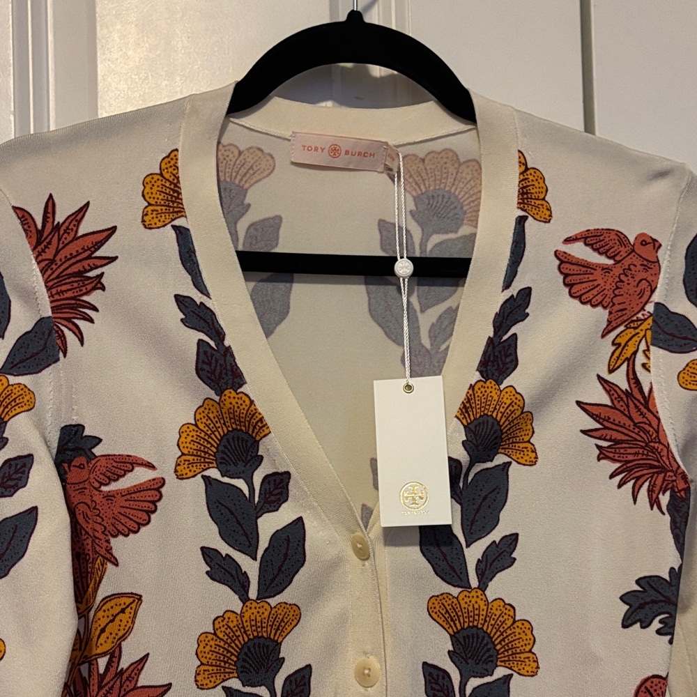 Tory Burch Cream Cardigan with Red and Yellow Floral Pattern